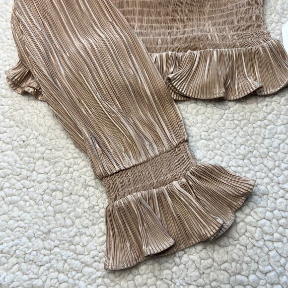 Leith Women's V-neck, Ls Pleated Cropped Elastic Waist Top, Gold XXS - Picture 4 of 11